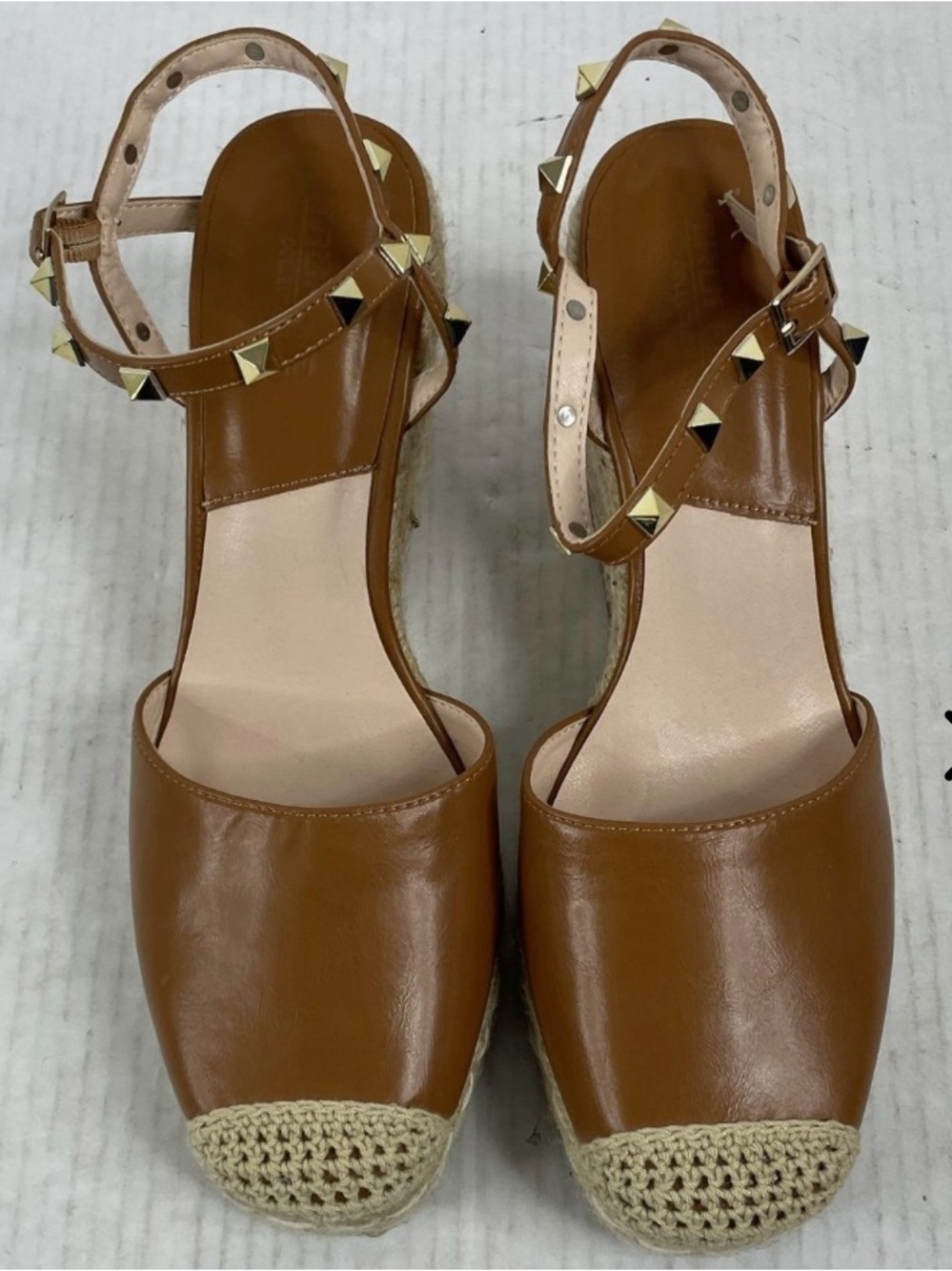 Women’s Tan Leather Espadrille Wedge Sandals with Studded Ankle Strap